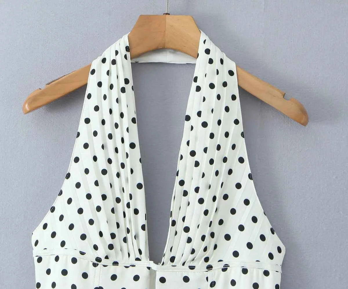Retro Polka Dot Deep V Halter Mini Dress