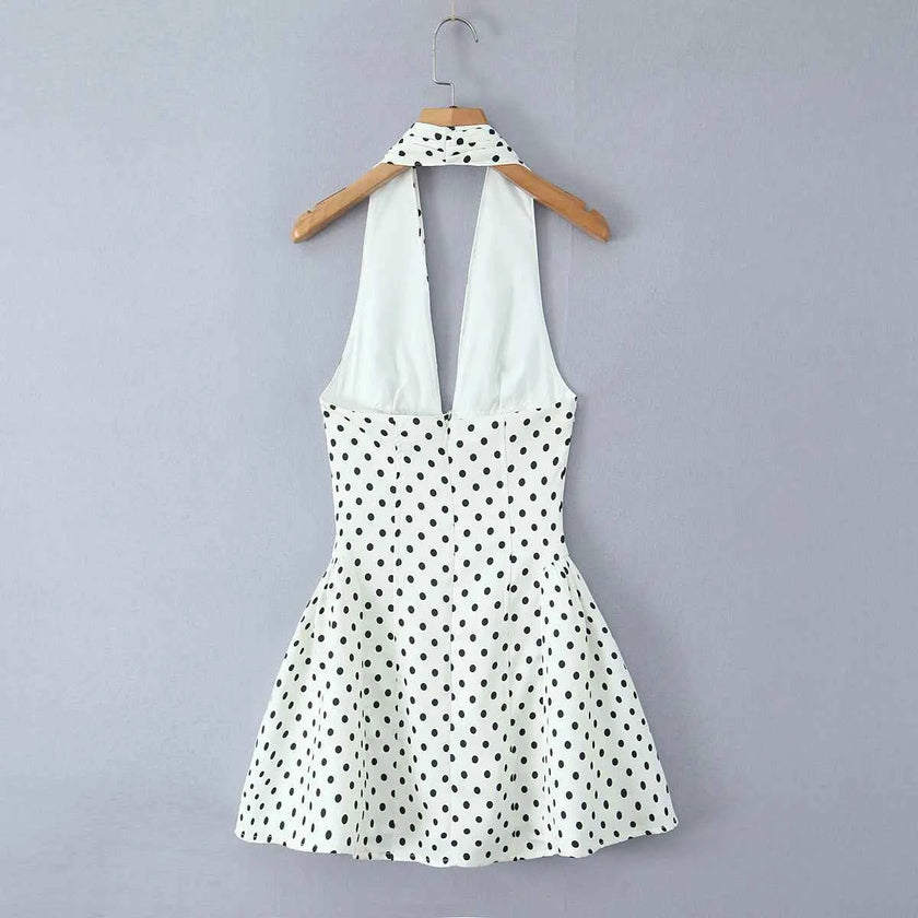 Retro Polka Dot Deep V Halter Mini Dress
