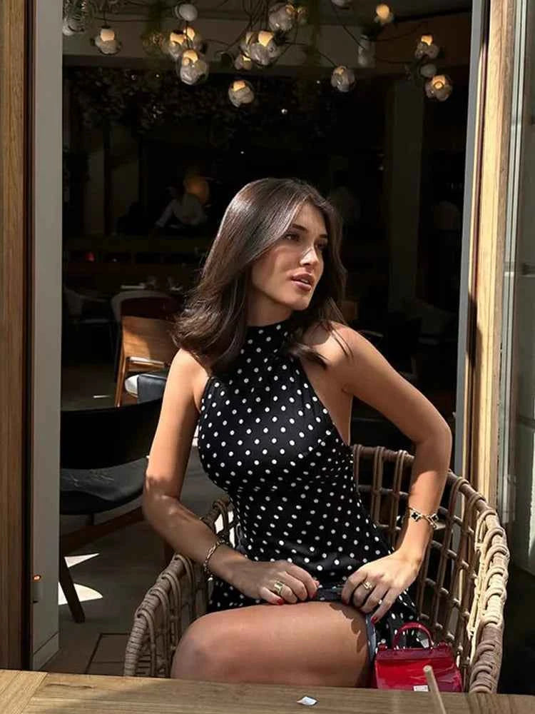 Polka Dot Backless Halter Mini Dress