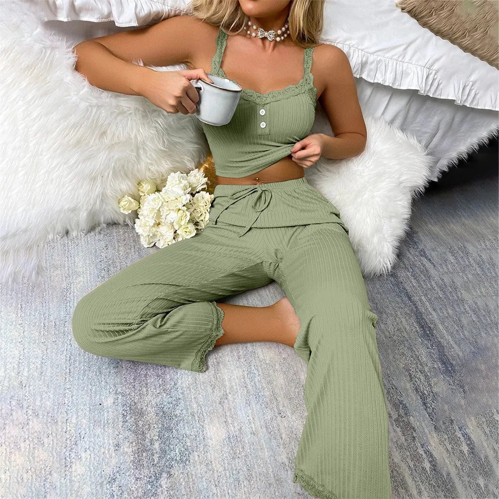 Lace-Trim Suspender Pajama Set