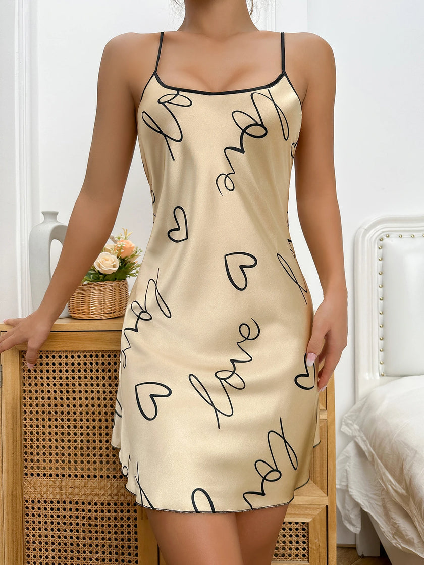 Heart Letter Print Spaghetti Strap Sleepwear
