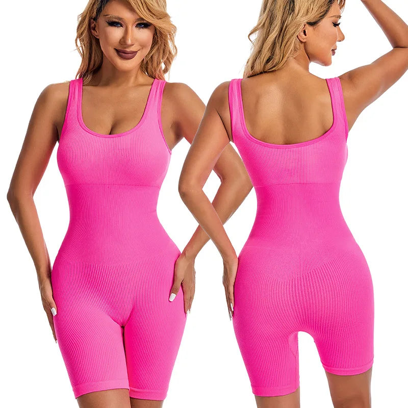 Stretch One-Piece Yoga Bodysuit & Short Tracksuit Set