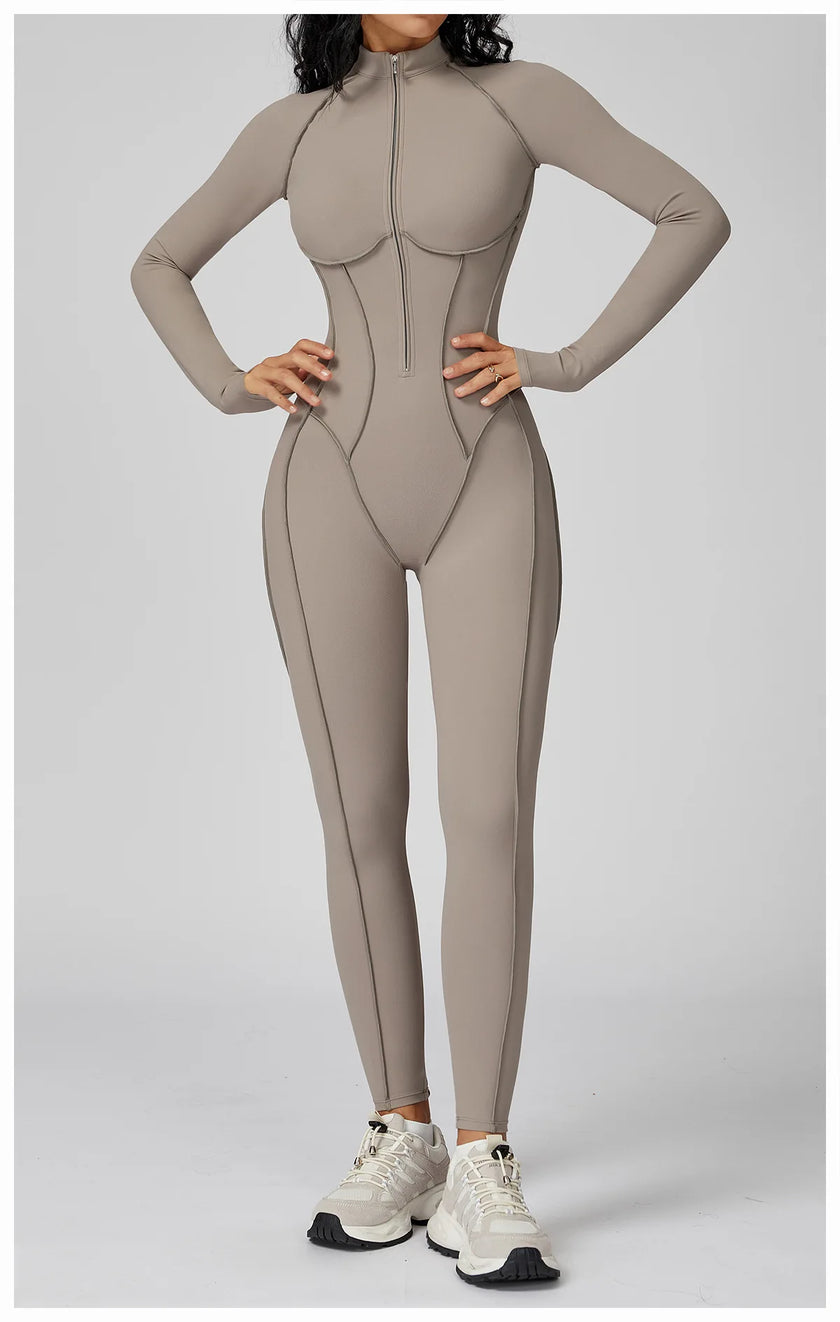 Long Sleeve Zipper Yoga Bodysuit One-Piece Tracksuit