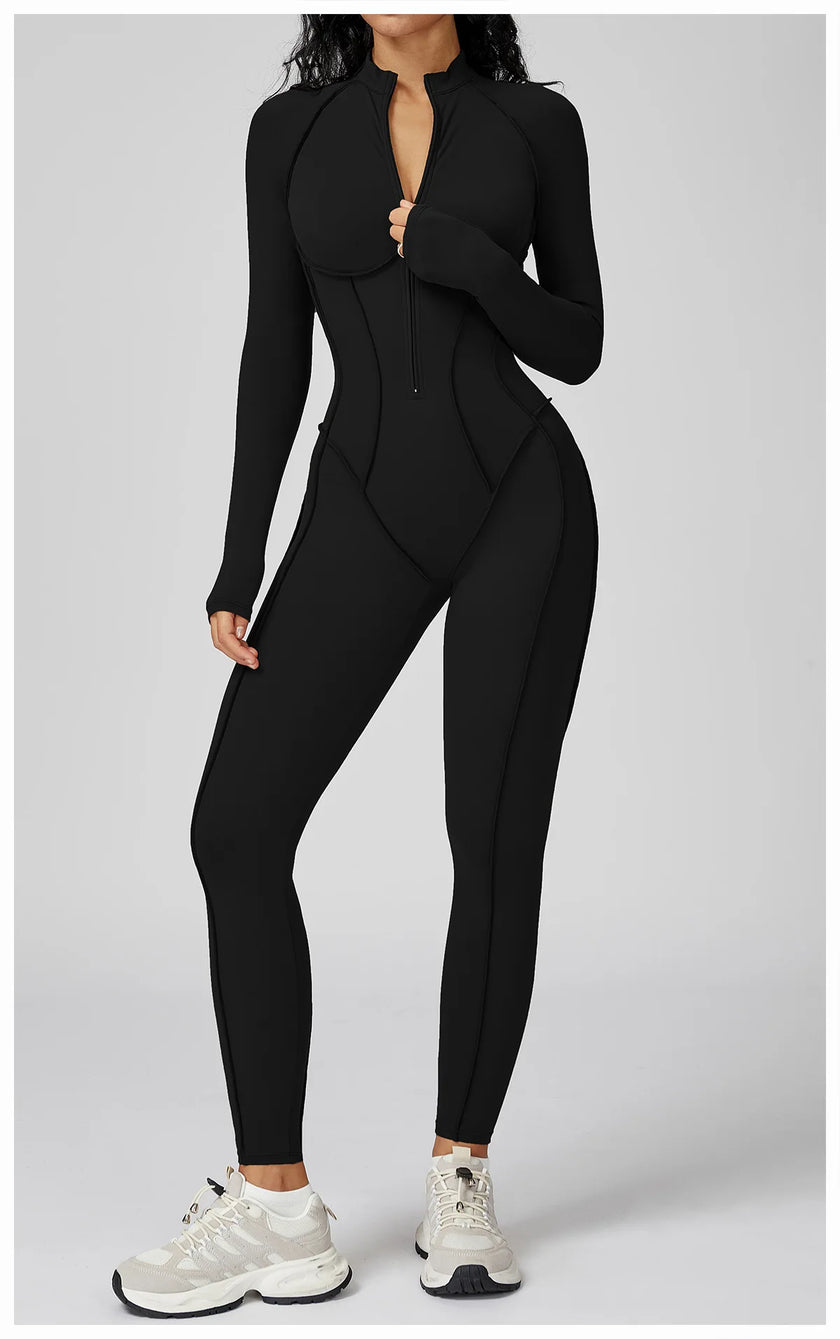 Long Sleeve Zipper Yoga Bodysuit One-Piece Tracksuit