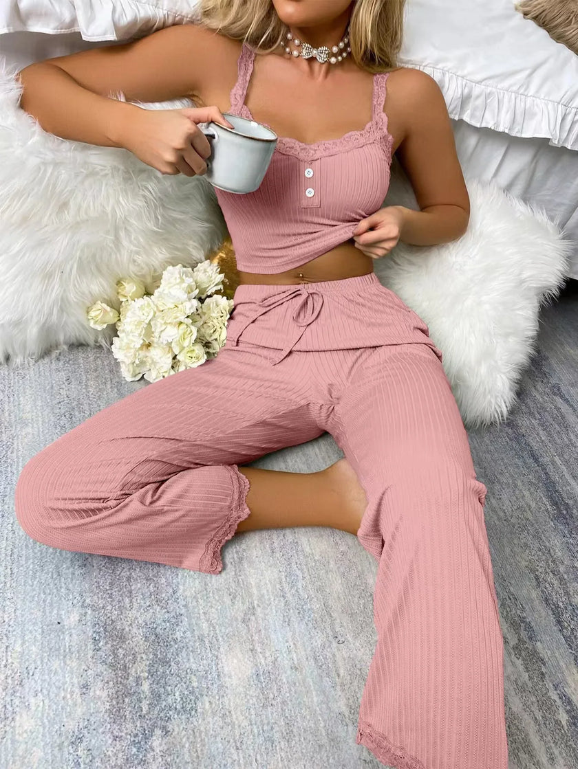 Lace-Trim Suspender Pajama Set