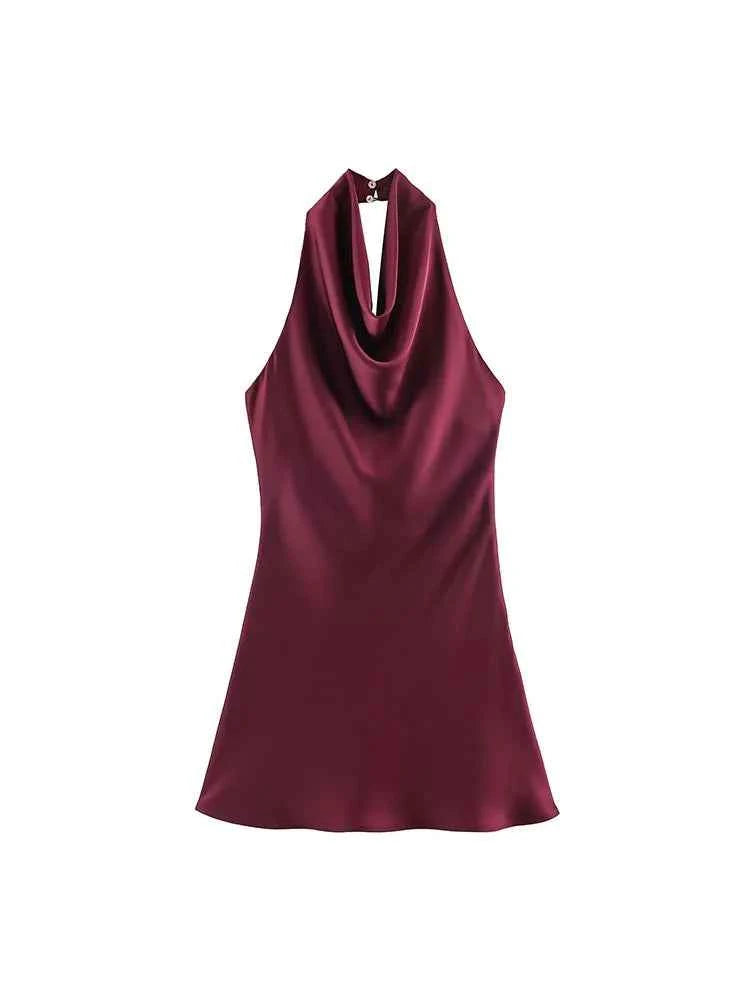 Satin Backless Halter Mini Dress
