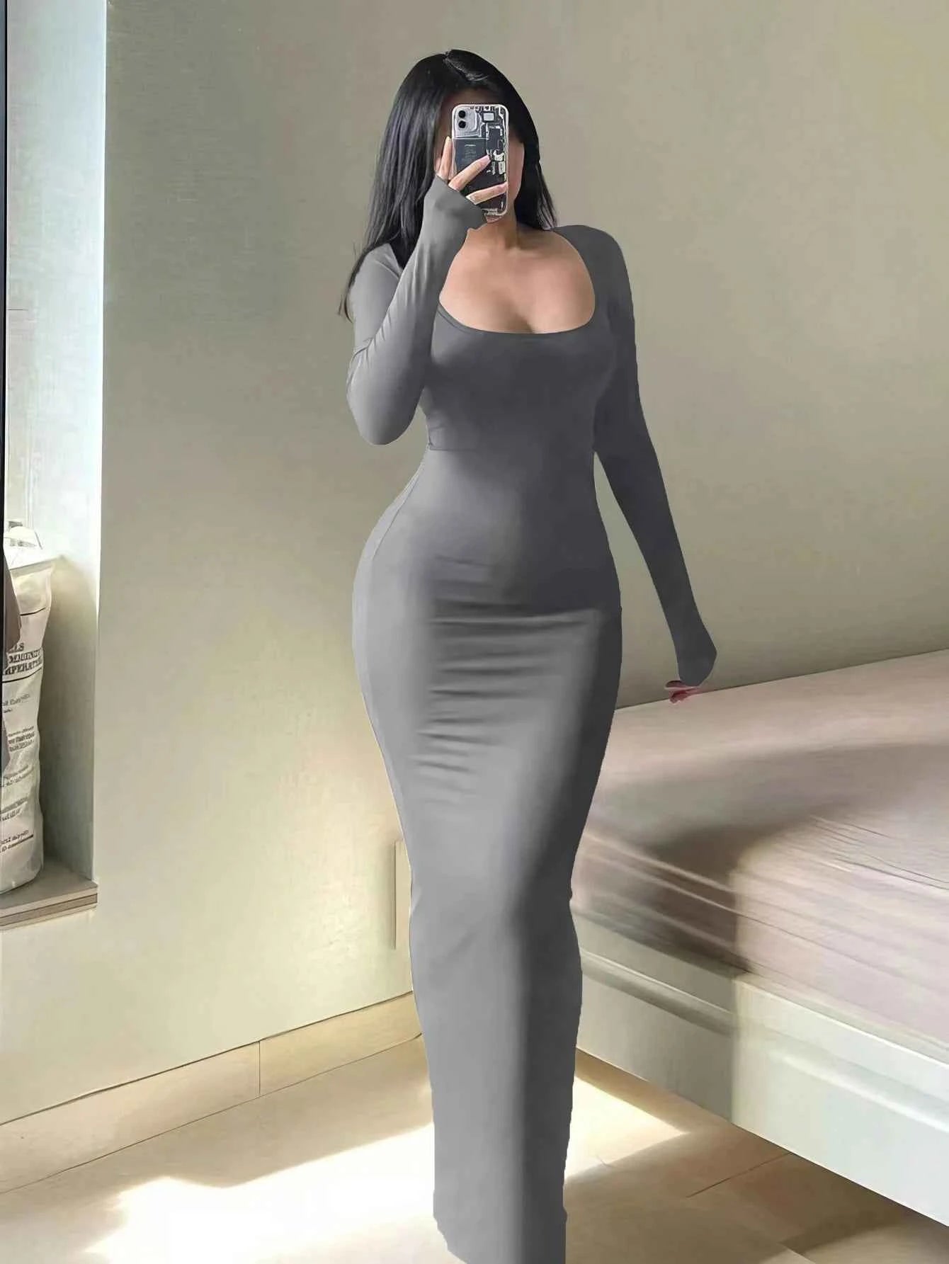 Women's Solid Long Sleeve Bodycon Dress, Chic Basic Minimalist Causual Fashion Scoop Neck Long Dress, Womenswear