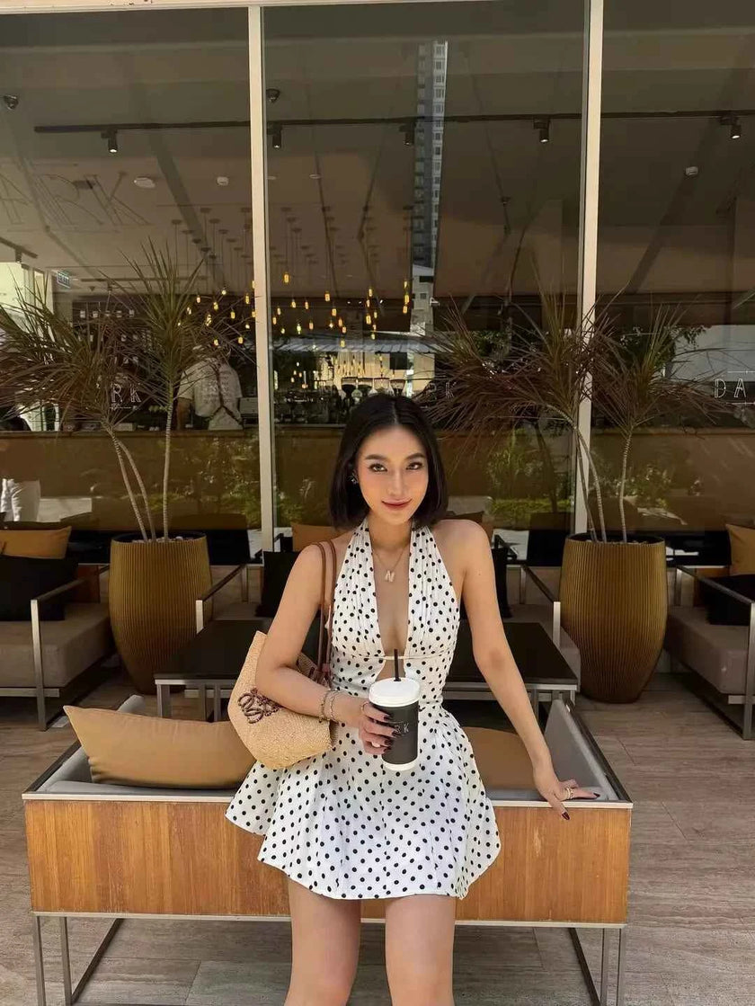Retro Polka Dot Deep V Halter Mini Dress
