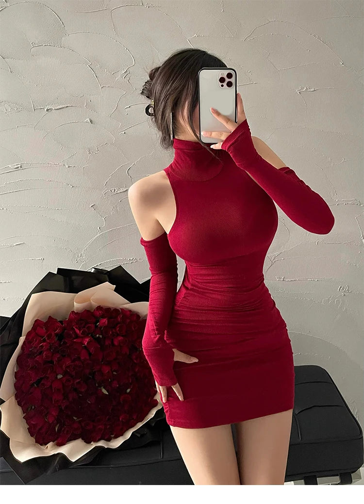 High Neck Pleated Bodycon Dress