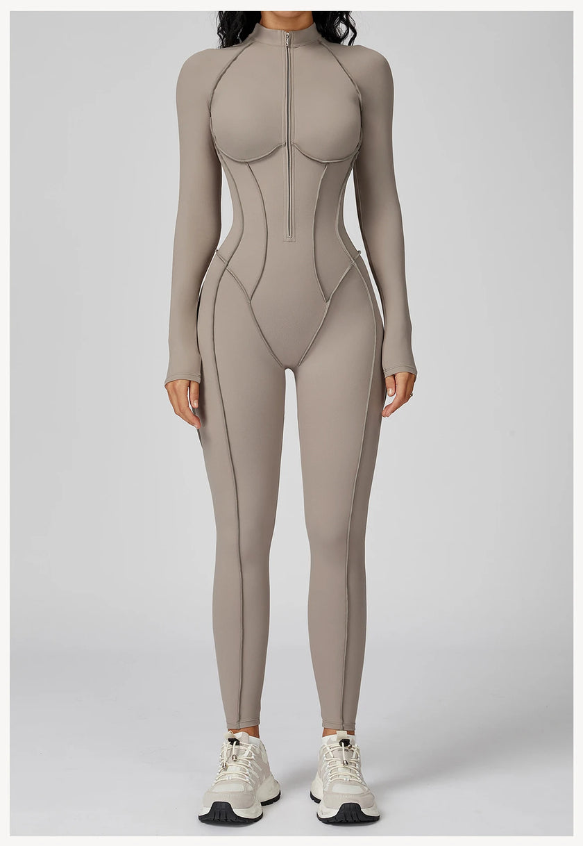 Long Sleeve Zipper Yoga Bodysuit One-Piece Tracksuit