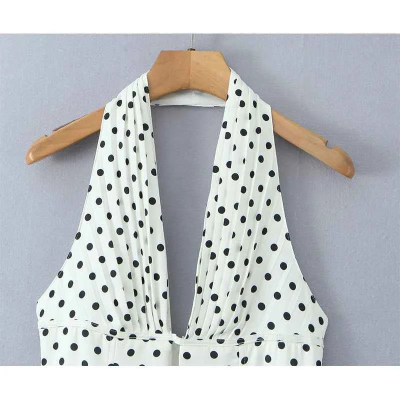 Retro Polka Dot Deep V Halter Mini Dress