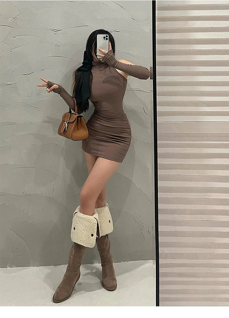 High Neck Pleated Bodycon Dress