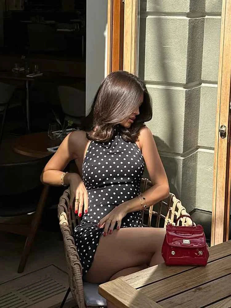 Polka Dot Backless Halter Mini Dress