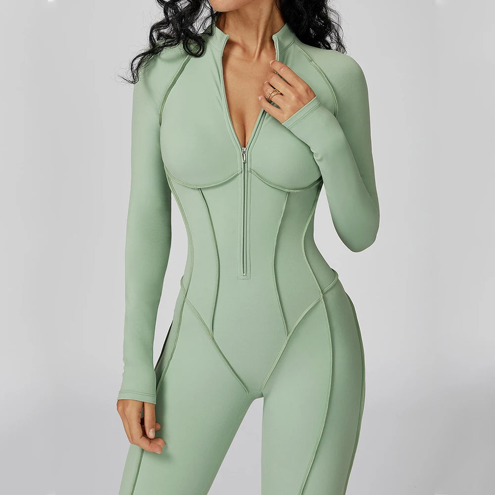 Long Sleeve Zipper Yoga Bodysuit One-Piece Tracksuit