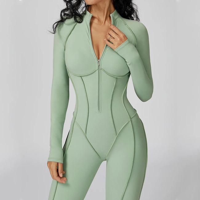 Long Sleeve Zipper Yoga Bodysuit One-Piece Tracksuit