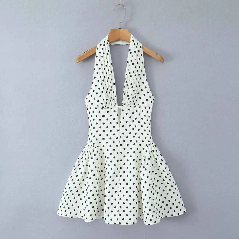Retro Polka Dot Deep V Halter Mini Dress
