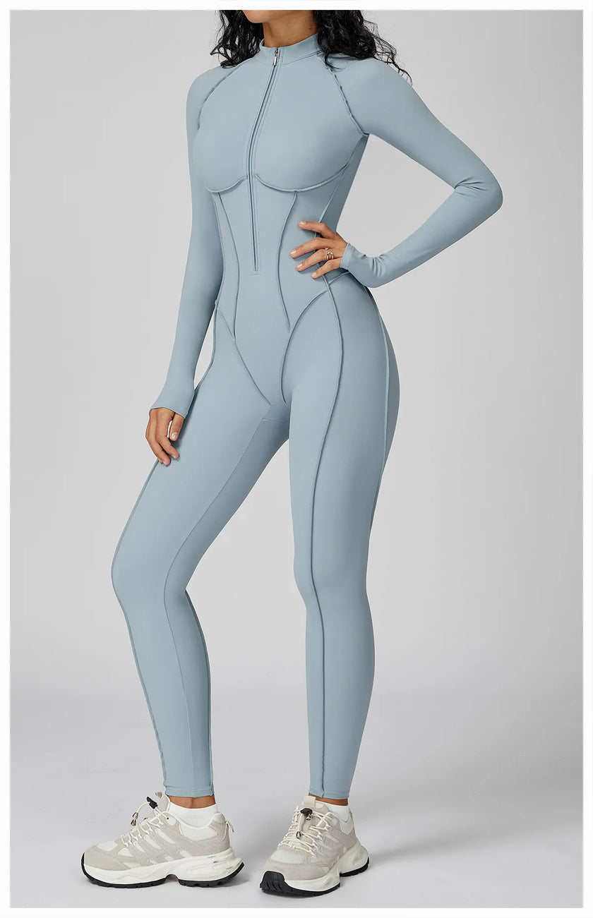Long Sleeve Zipper Yoga Bodysuit One-Piece Tracksuit