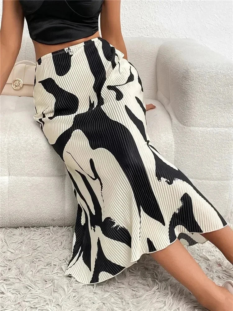 Graphic Print Pleated Midi Skirt