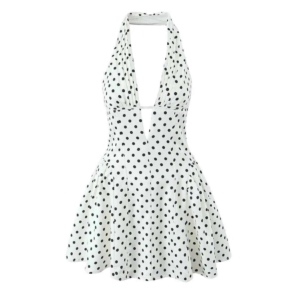 Retro Polka Dot Deep V Halter Mini Dress