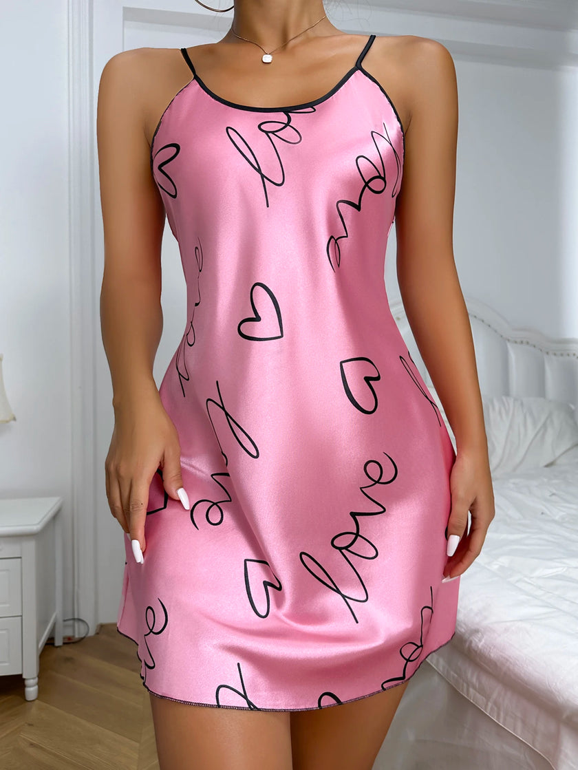 Heart Letter Print Spaghetti Strap Sleepwear
