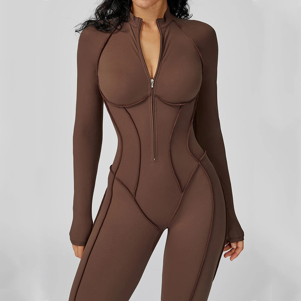 Long Sleeve Zipper Yoga Bodysuit One-Piece Tracksuit