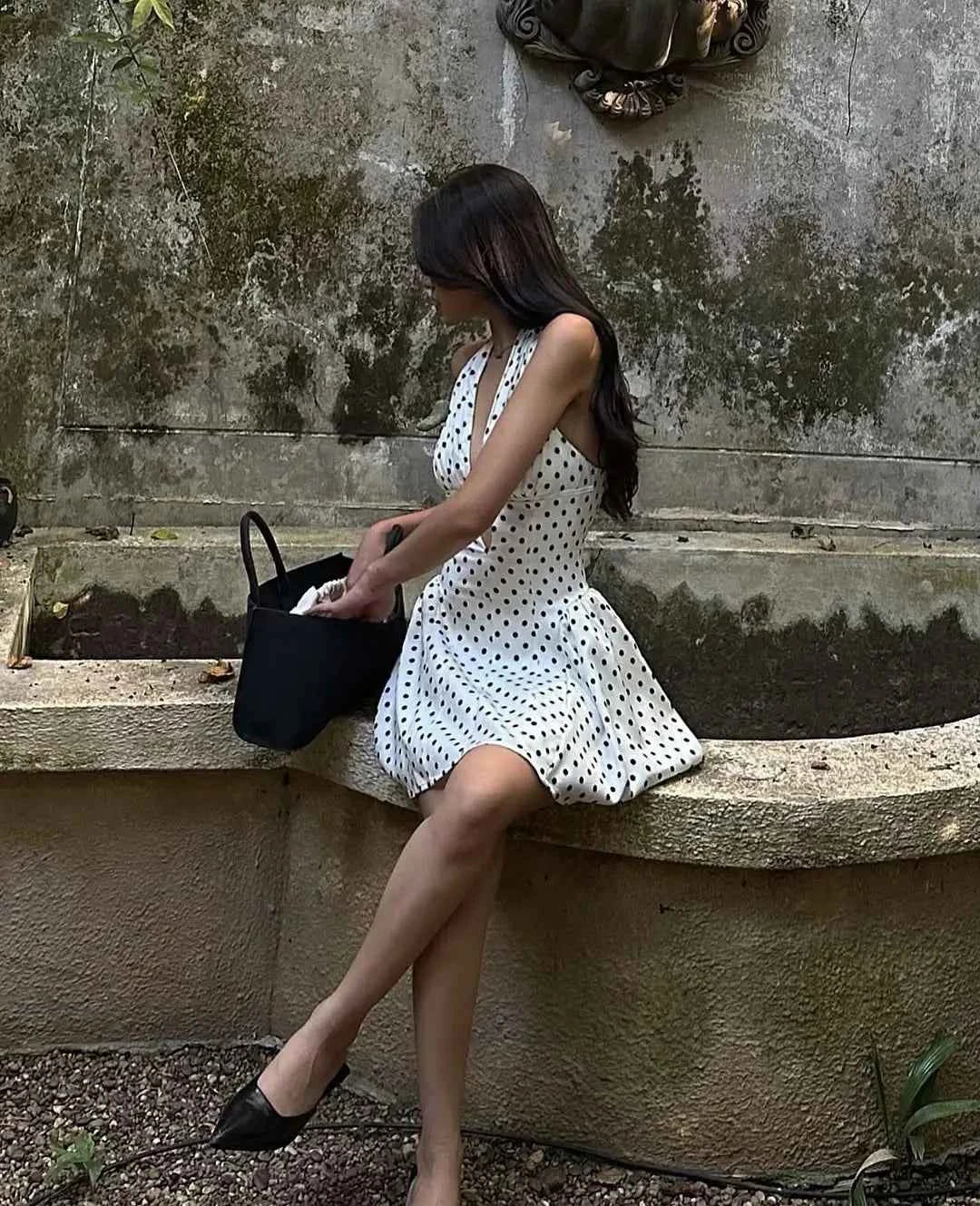 Retro Polka Dot Deep V Halter Mini Dress