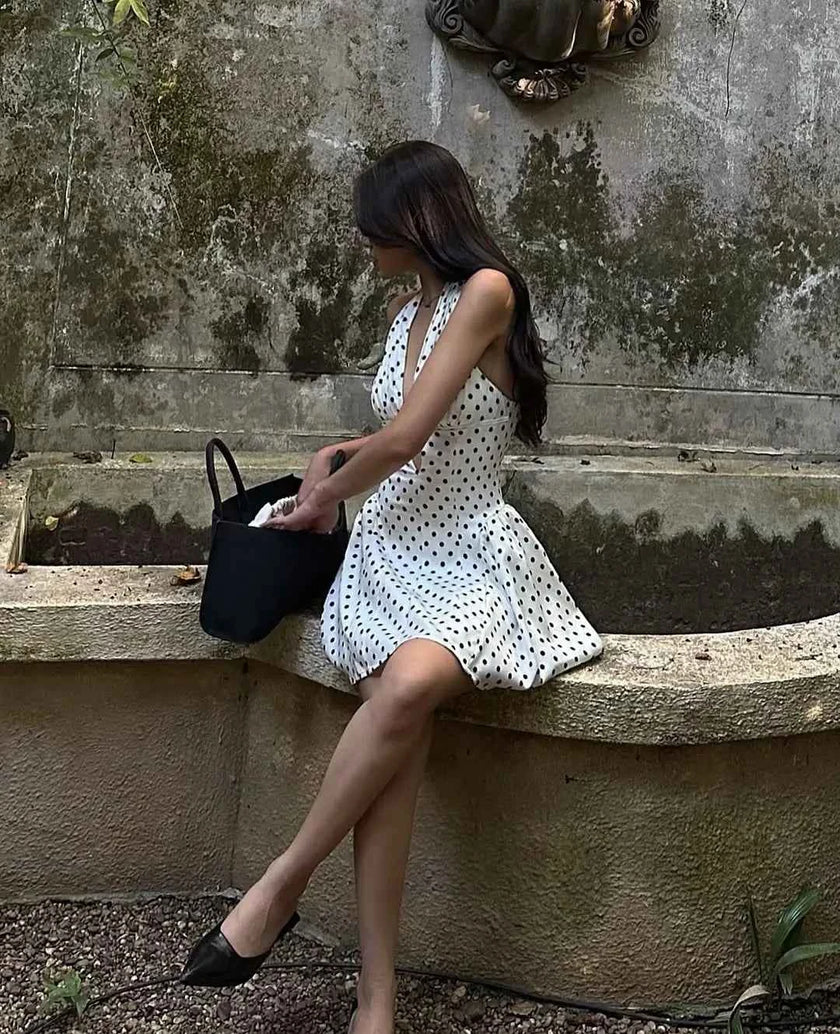 Retro Polka Dot Deep V Halter Mini Dress