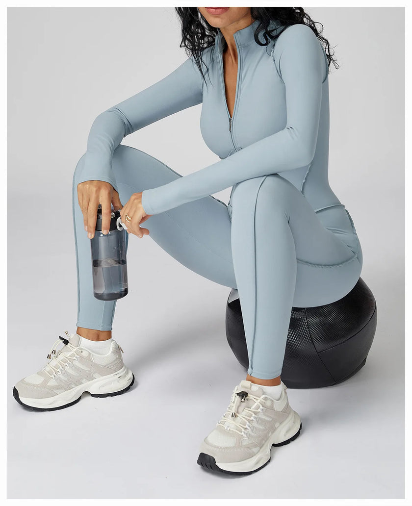 Long Sleeve Zipper Yoga Bodysuit One-Piece Tracksuit