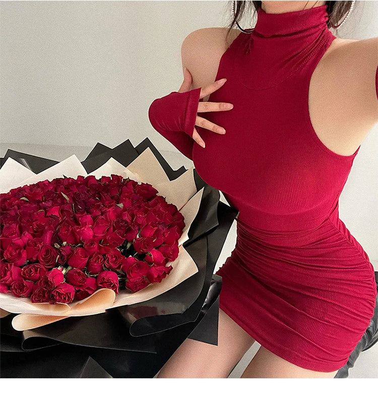 High Neck Pleated Bodycon Dress