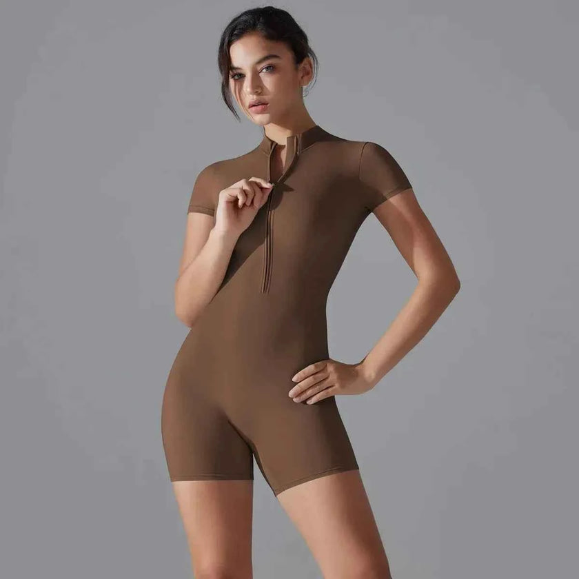 Yoga Set Women's Jumpsuits One-Piece Suit Zipper Short Sleeve Gym Push Up Workout Clothes Fitness Bodysuit Sportswear Tracksuit