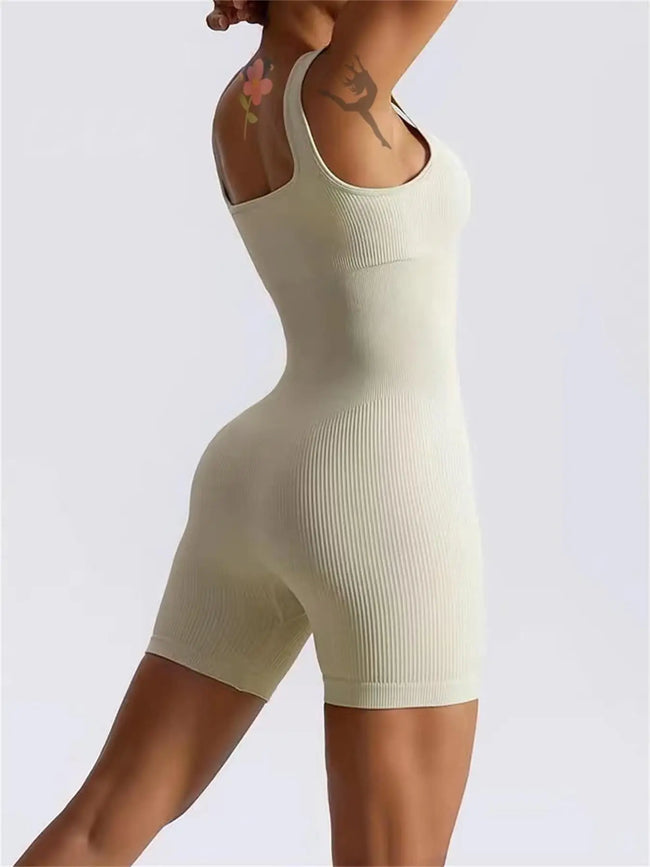Stretch One-Piece Yoga Bodysuit & Short Tracksuit Set