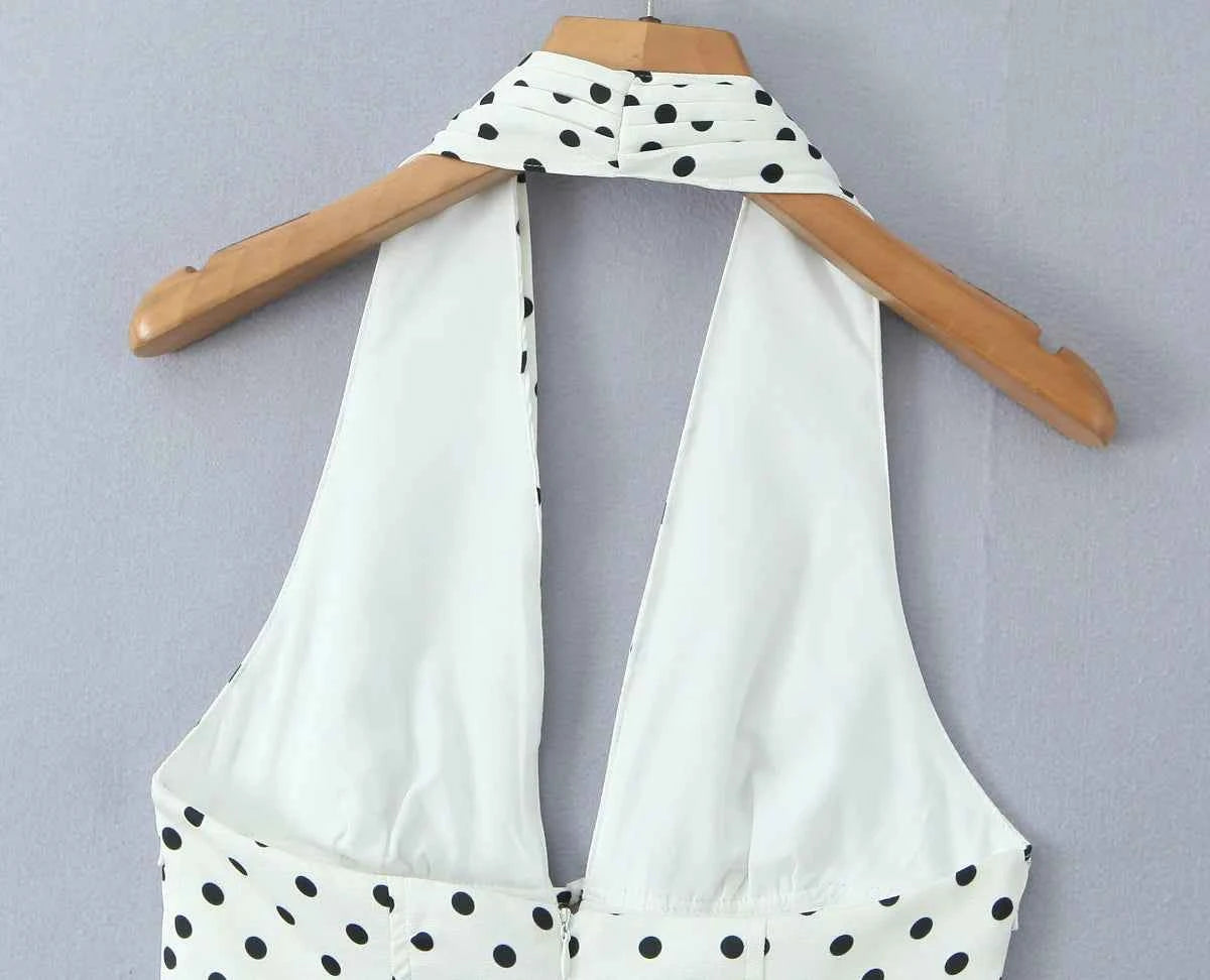 Retro Polka Dot Deep V Halter Mini Dress