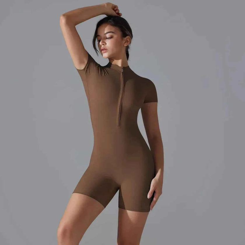 Yoga Set Women's Jumpsuits One-Piece Suit Zipper Short Sleeve Gym Push Up Workout Clothes Fitness Bodysuit Sportswear Tracksuit