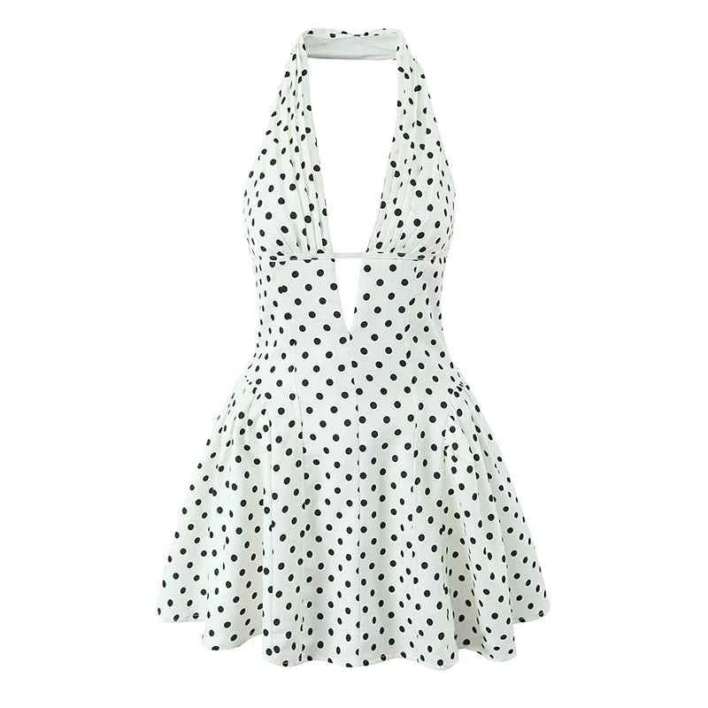 Retro Polka Dot Deep V Halter Mini Dress