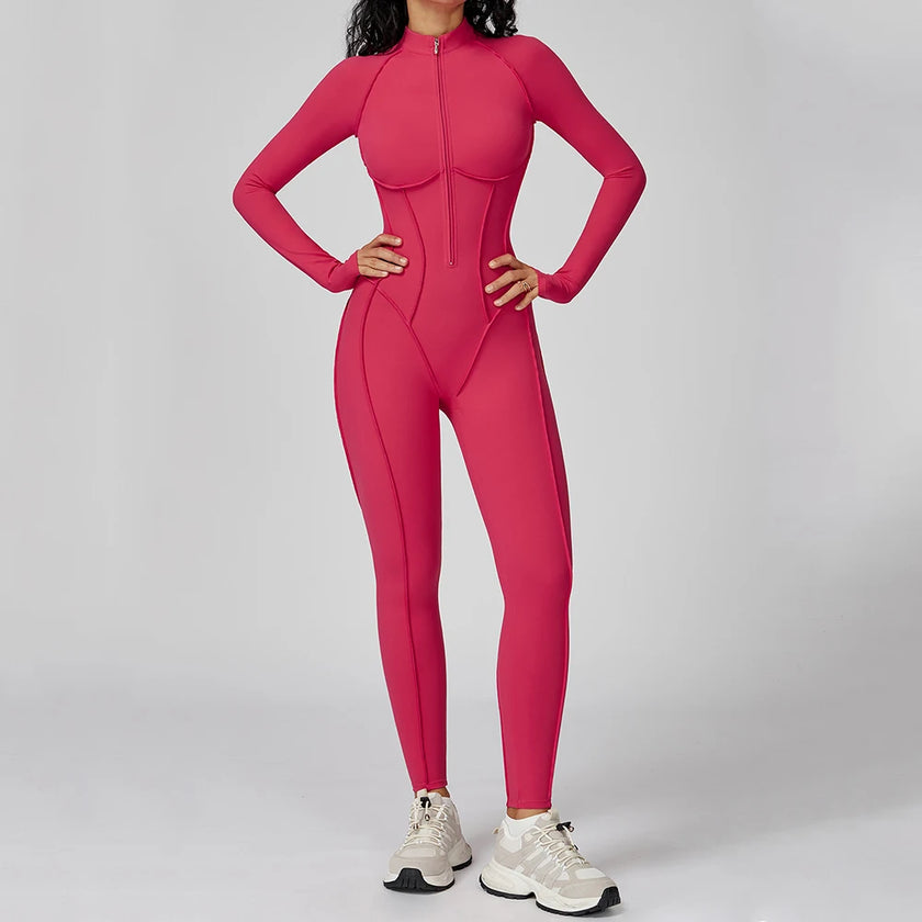 Long Sleeve Zipper Yoga Bodysuit One-Piece Tracksuit