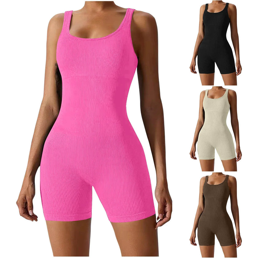 Stretch One-Piece Yoga Bodysuit & Short Tracksuit Set