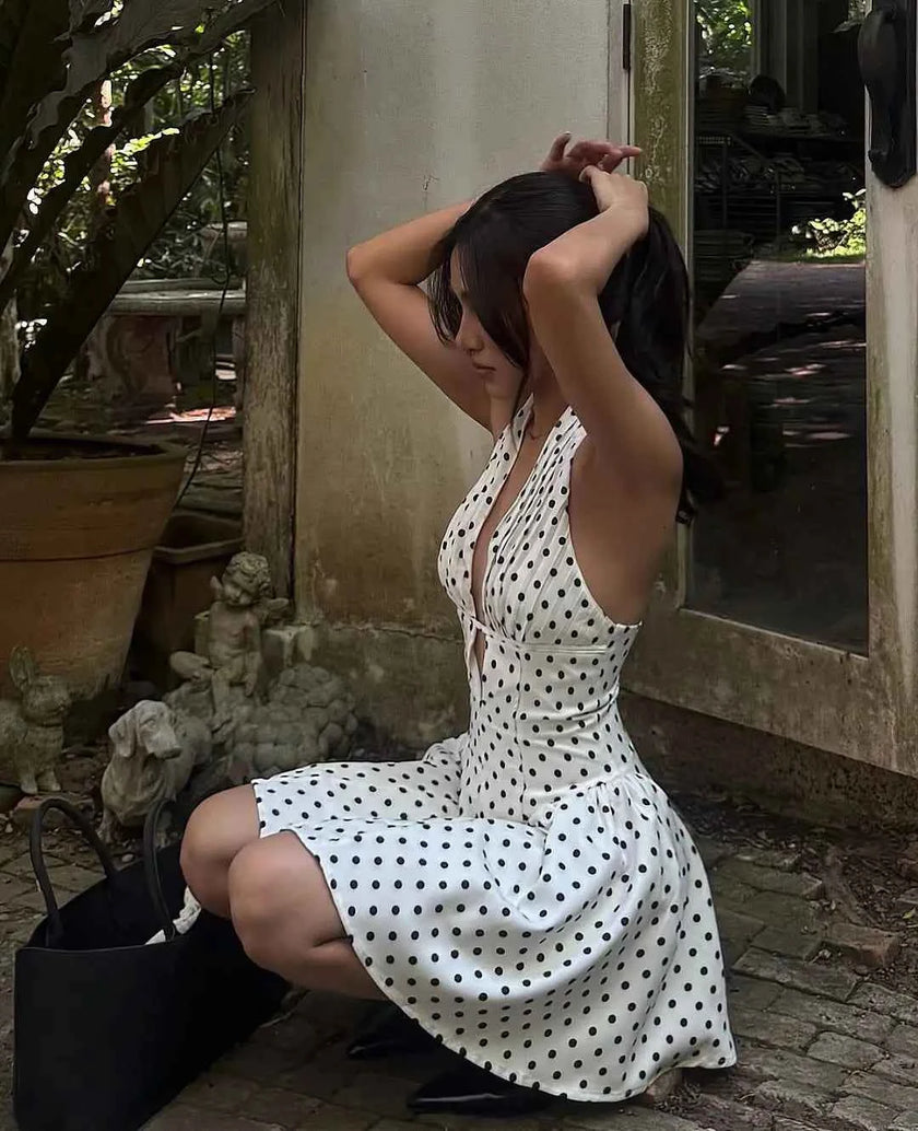 Retro Polka Dot Deep V Halter Mini Dress