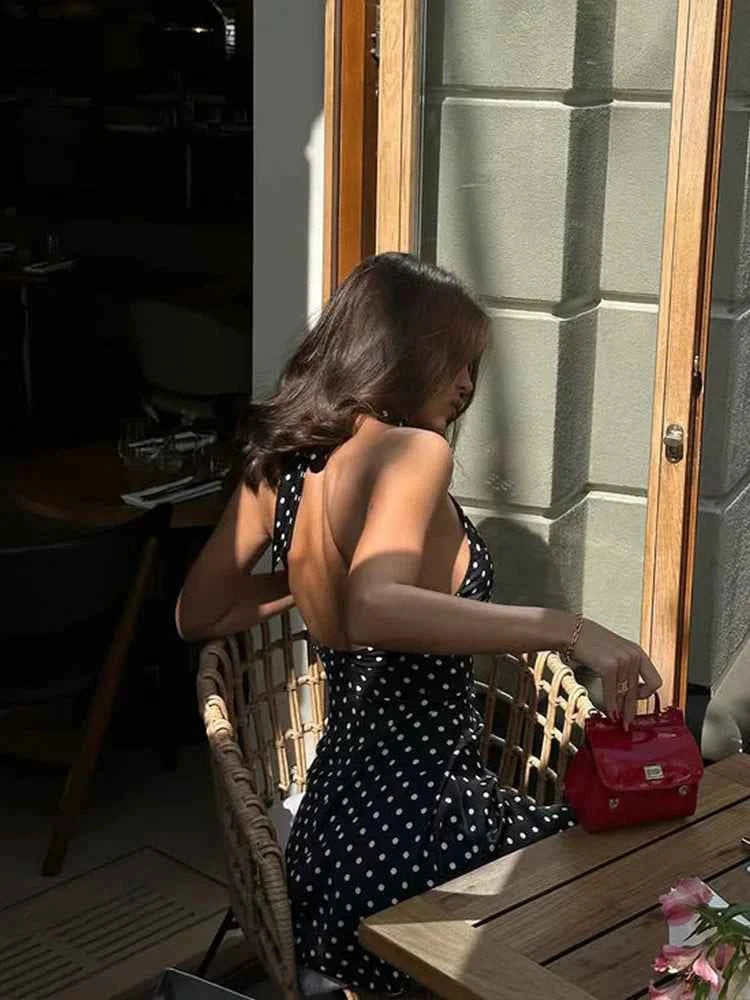 Polka Dot Backless Halter Mini Dress