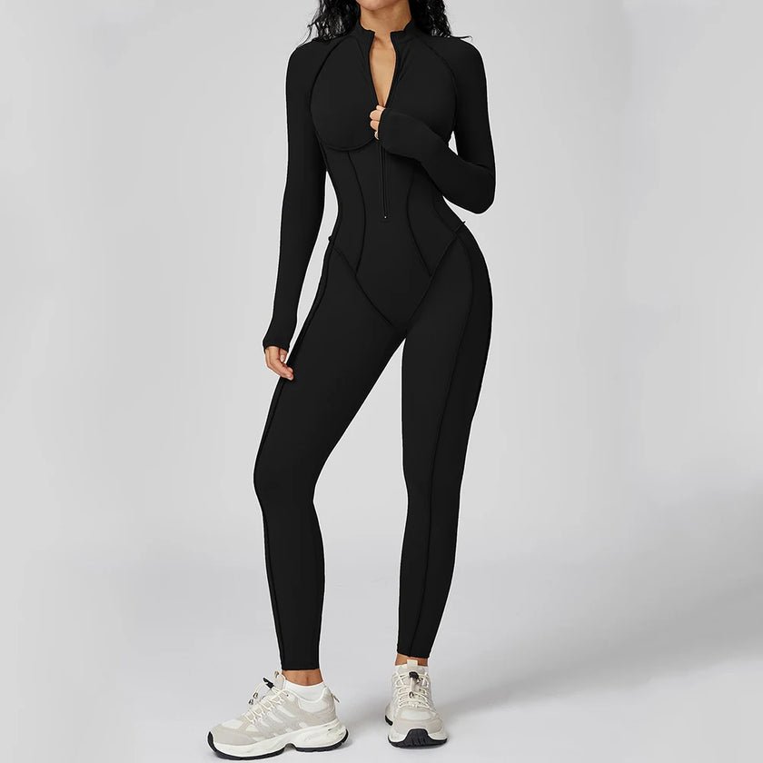 Long Sleeve Zipper Yoga Bodysuit One-Piece Tracksuit