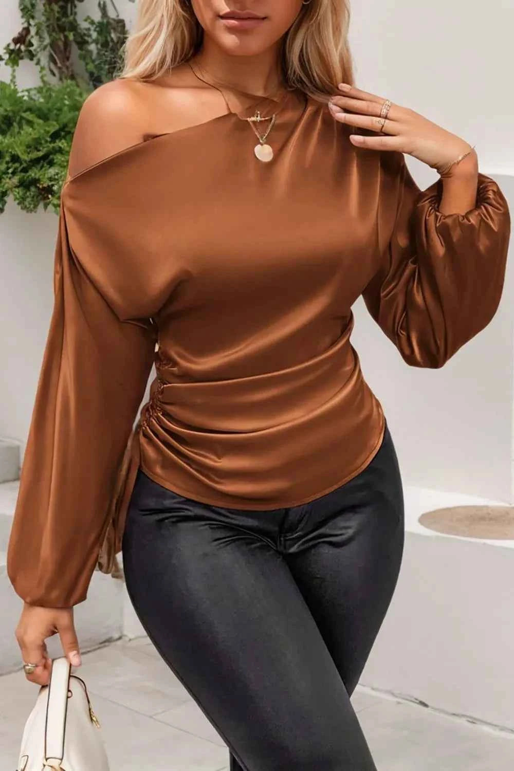 Drawstring One Shoulder Long Sleeve Blouse