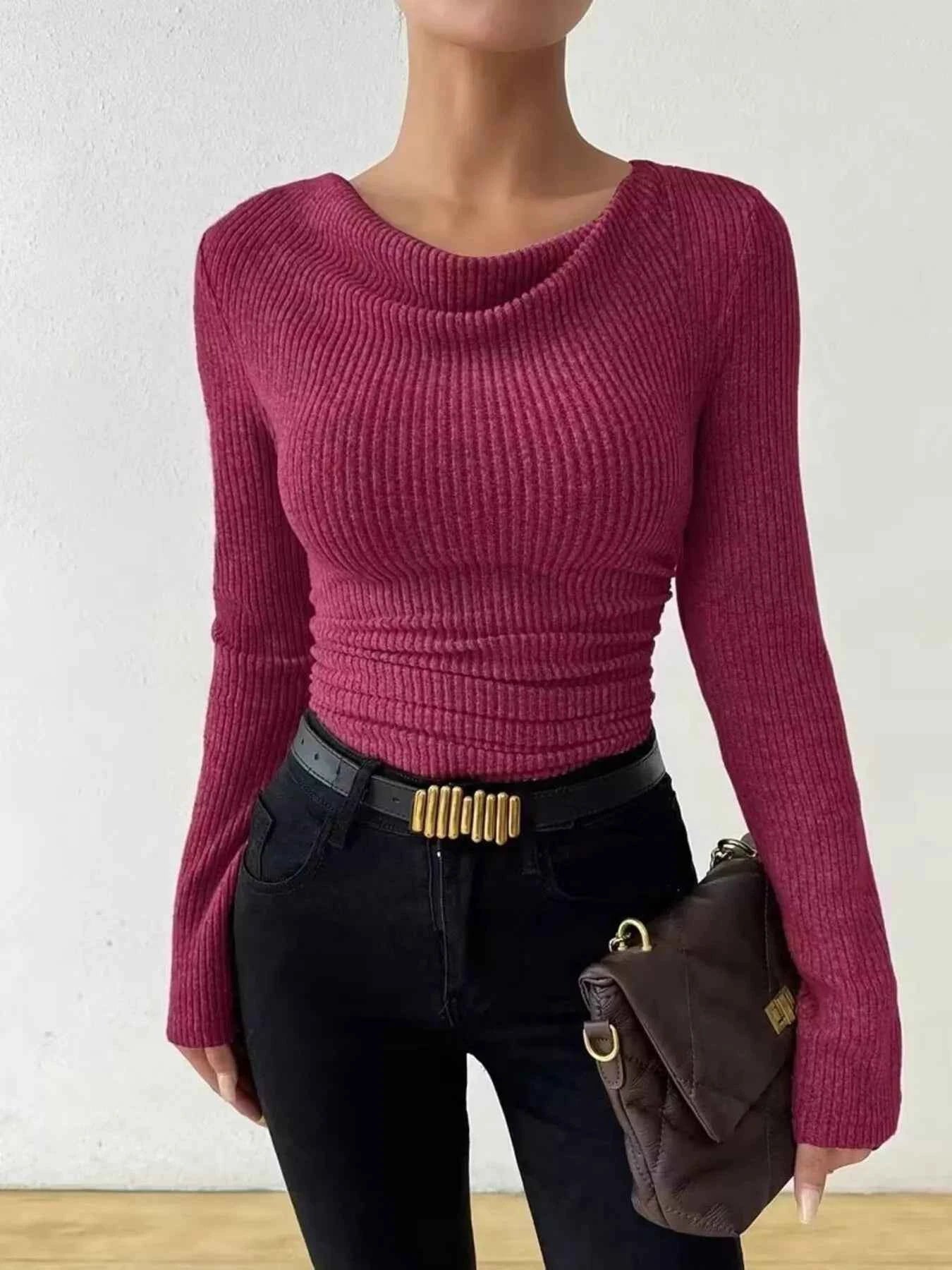 Cowl Neck Ribbed Knit Top