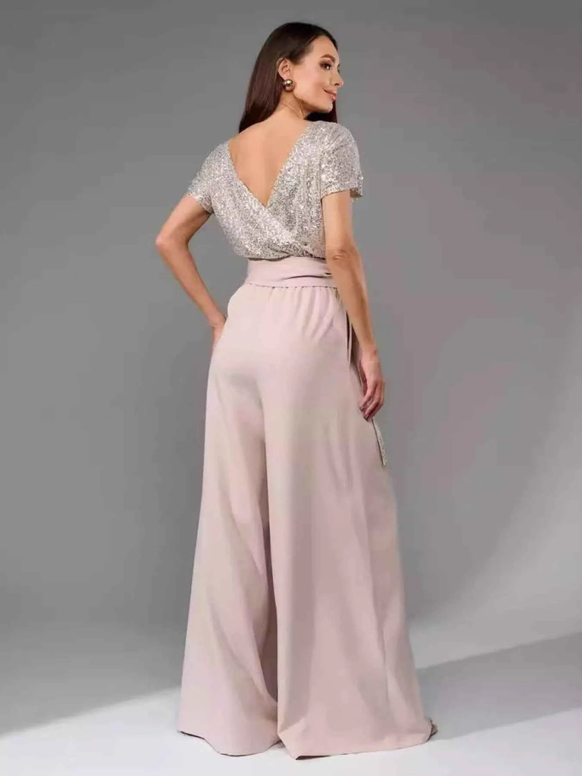 Full Size Sequin Short Sleeve Wide Leg Jumpsuit Plus Size