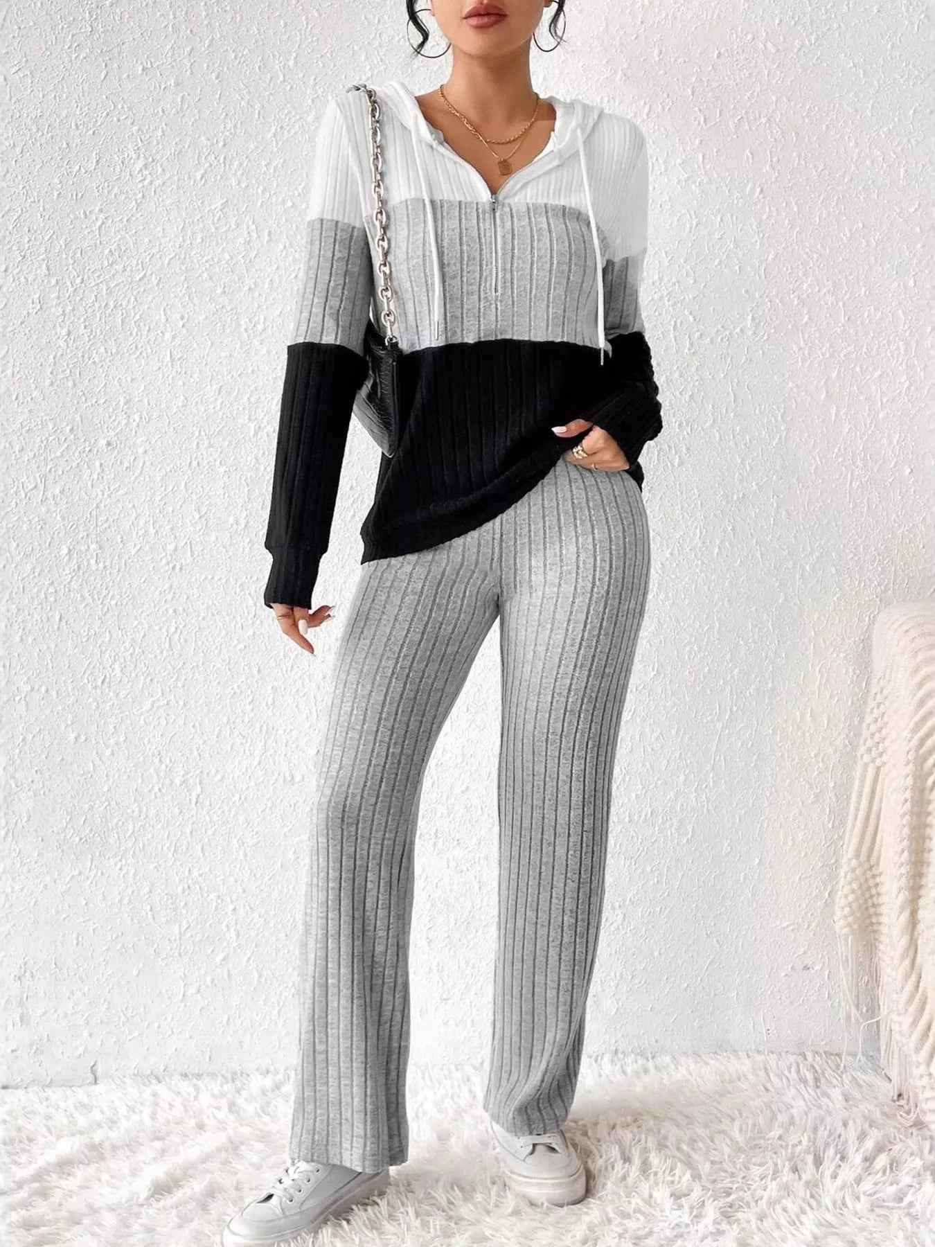 Color Block Half Zip Hooded Top and Pants Set