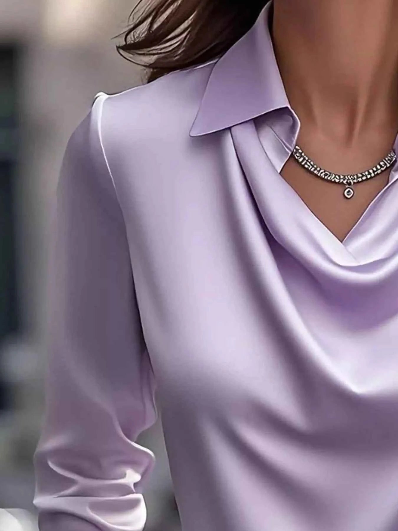 Ruched Long Sleeve Drape Collar Blouse