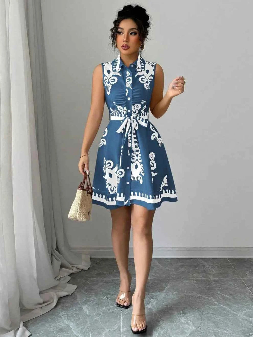 Printed Sleeveless Button Front Dress