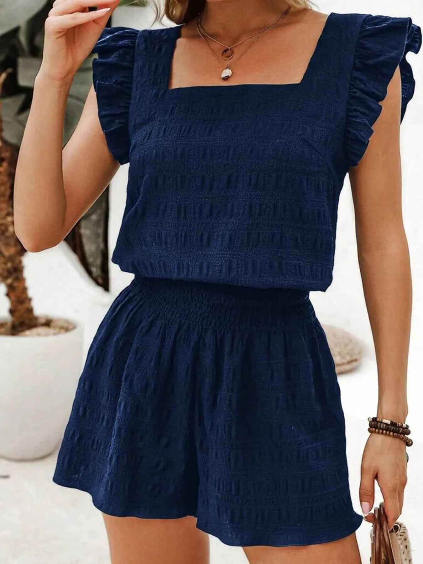 Textured Square Neck Top and Shirred High Waist Shorts Set
