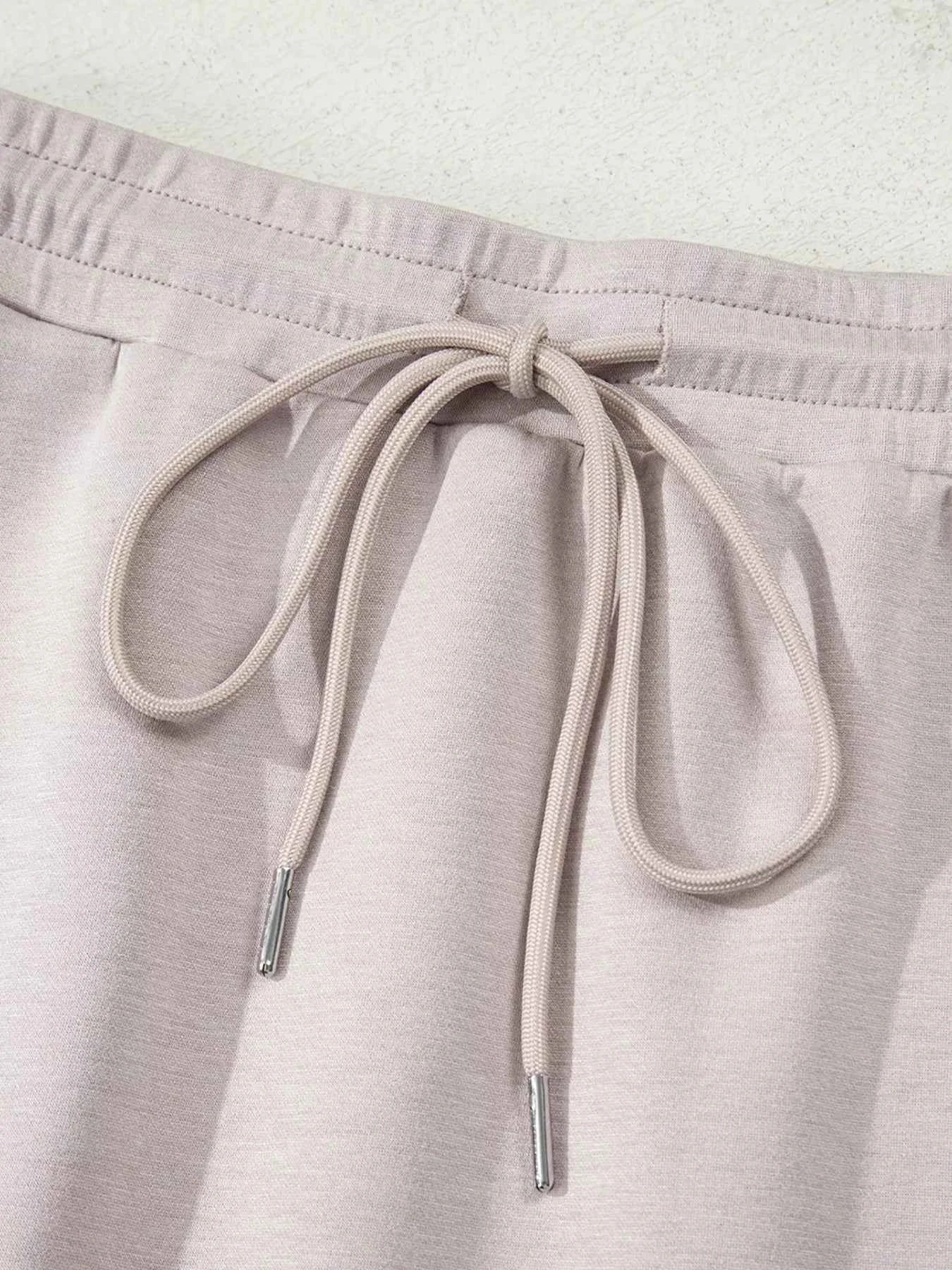 Solid Color Drop Shoulder Pullover and Drawstring Mini Skirt 2pcs Outfit