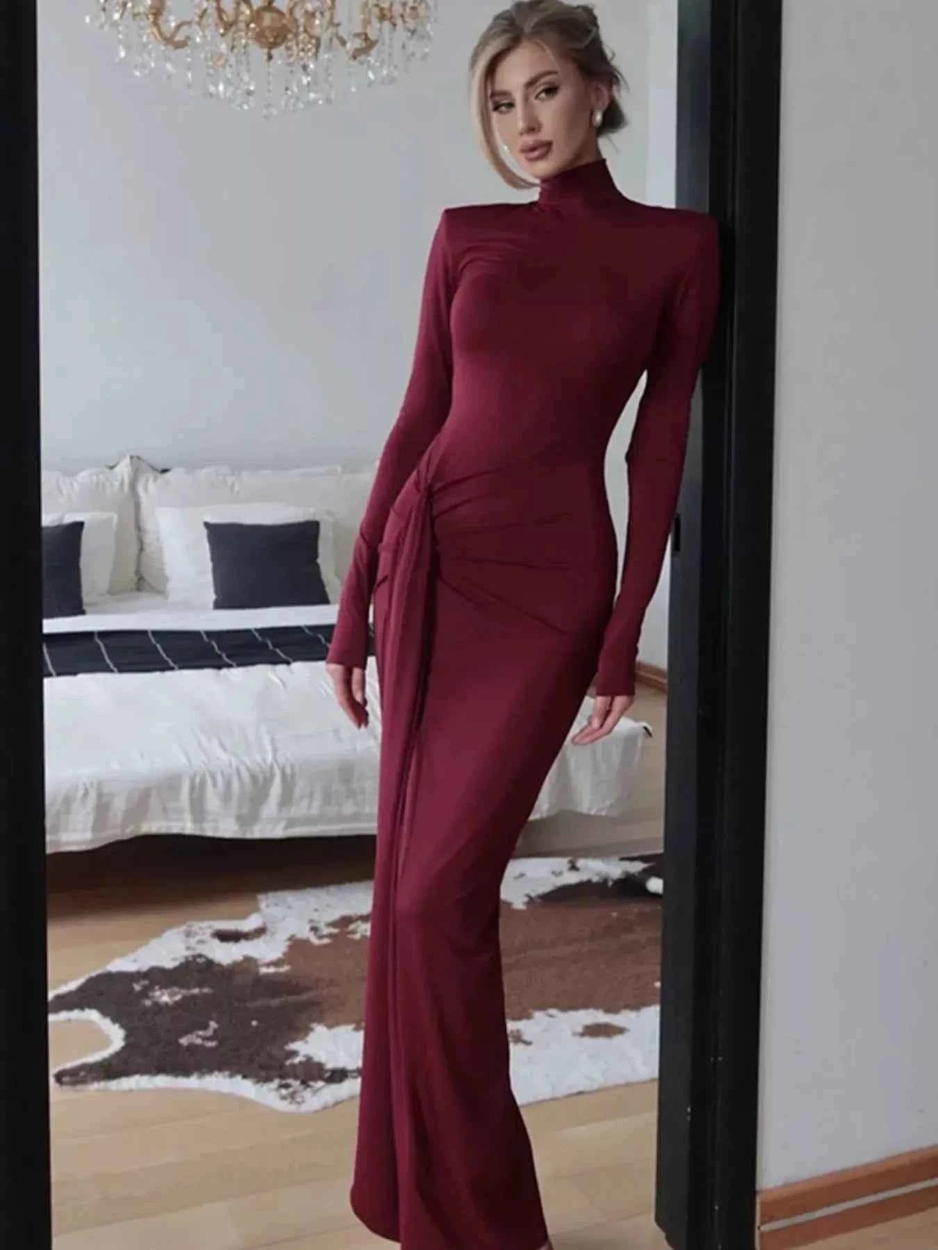 Turtleneck Long Sleeve Tie Waist Maxi Dress