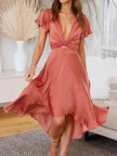 High-Low Plunge Flutter Sleeve Dress
