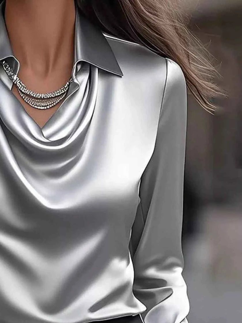 Ruched Long Sleeve Drape Collar Blouse